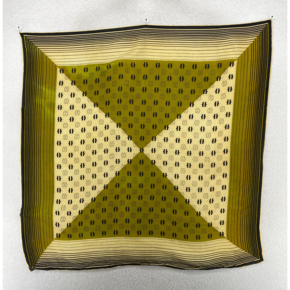Silk Chiffon Scarf Hand Rolled Geometric Printed Wrap Square Green Black 31" Vtg - Picture 3 of 13